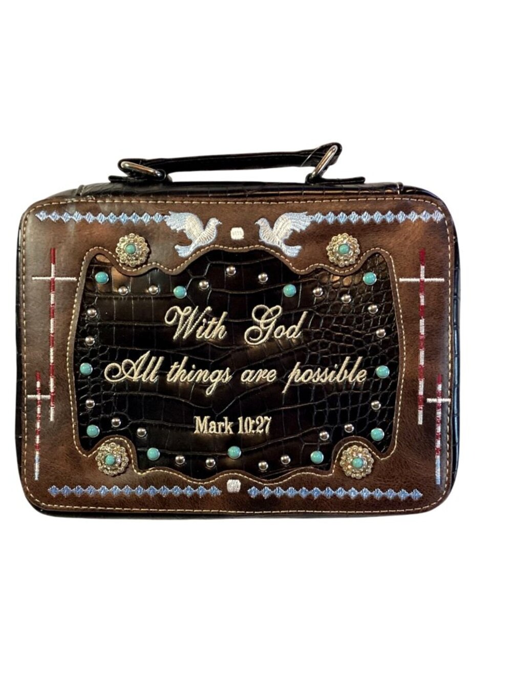 Bible Faux leather Cover/Tote "With God" Mark 10:27 Brown/Black Embroidered NEW